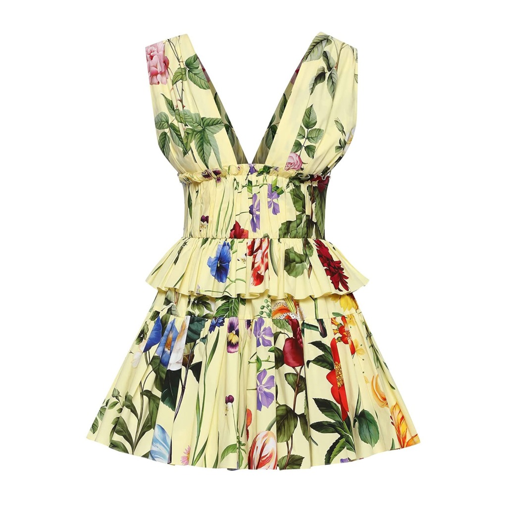 Oscar de la Renta Gathered Multicolor Floral Cotton Dress